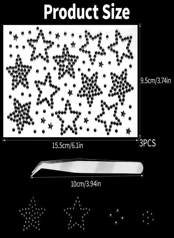 Jacnkb 3Sheets Star Gem Stickers Jewels for Crafts, Face Makeup - Self Adhesive Rhinestone Jewel Stickers, Stick on Gems Rhinestones for Crafts, Craft Supplies for Kids (16.Black Star) - Image 2